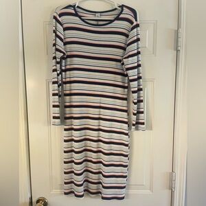 Old Navy - Striped Long Sleeve Midi Dress in White with Navy & Red